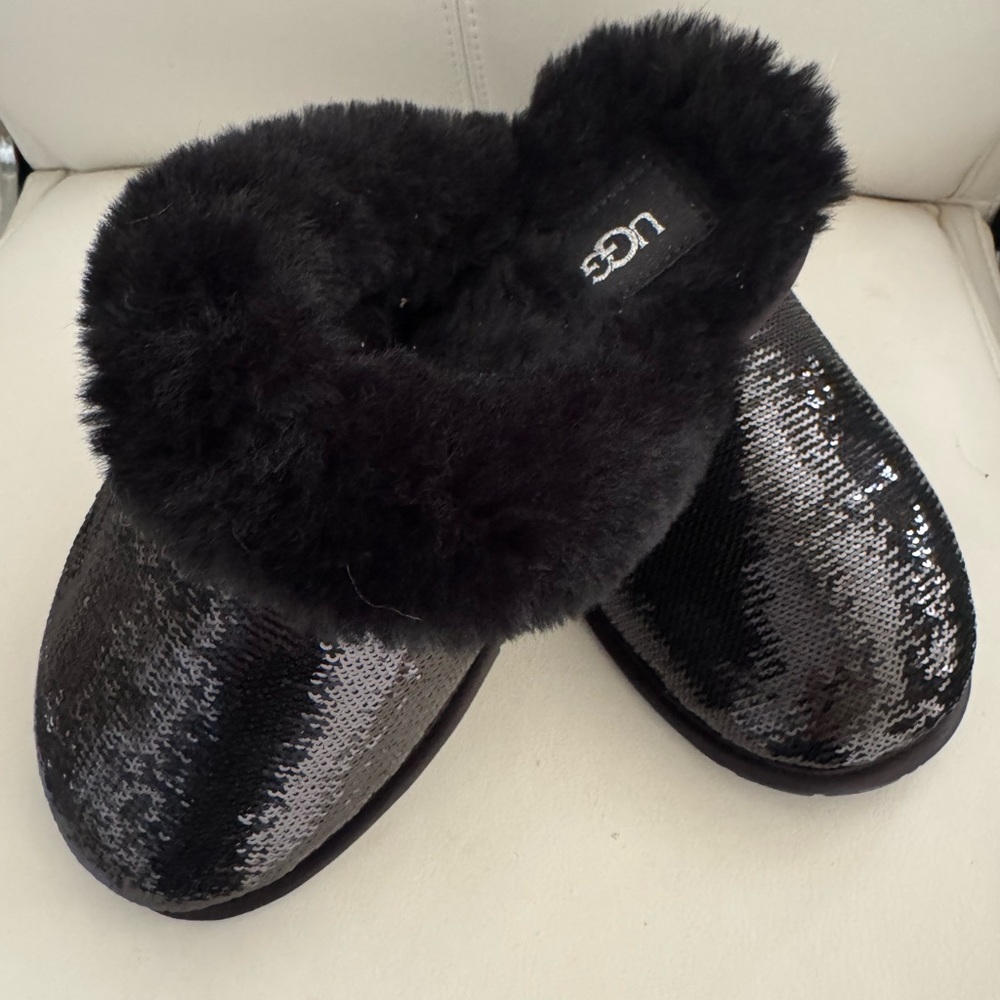 UGG Black Sequin Shearling Cuff Slip-On Slippers